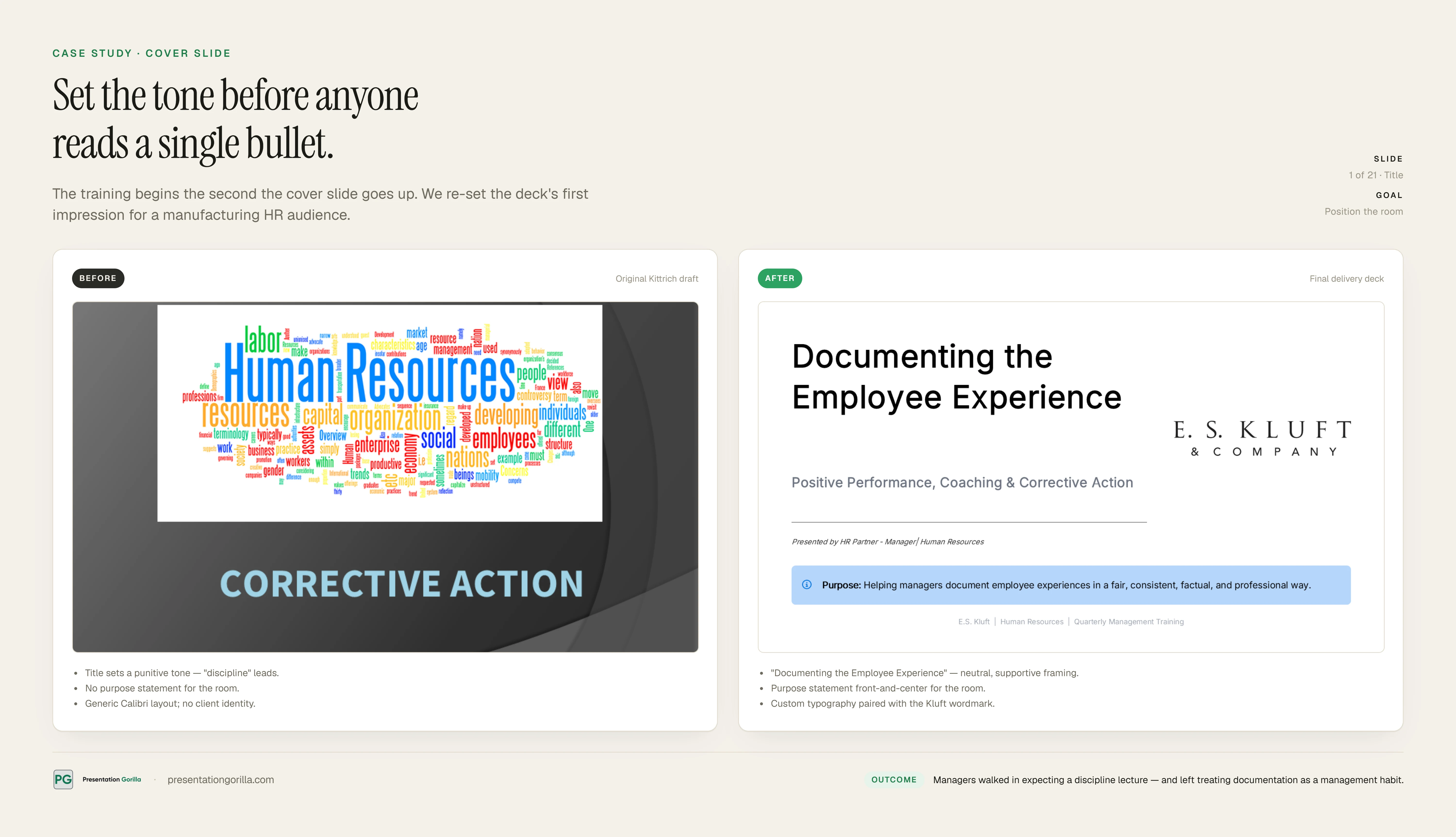 Before and after of the training deck cover slide: from a cluttered word cloud to a clean, professionally branded title slide for E.S. Kluft and Company.