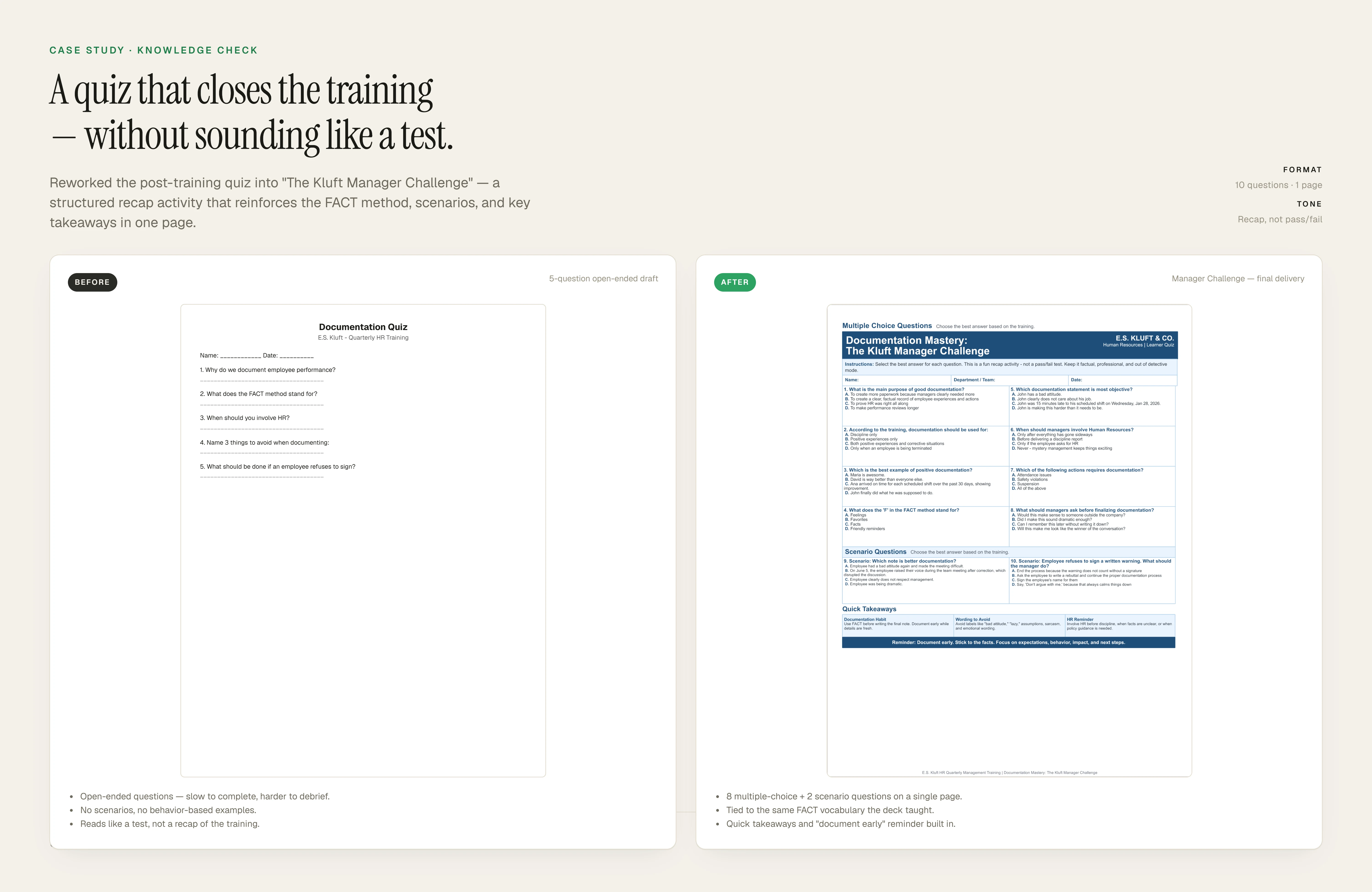 Before and after of the post-training quiz: from a simple open-ended form to The Kluft Manager Challenge, a structured knowledge check with multiple-choice and scenario questions.