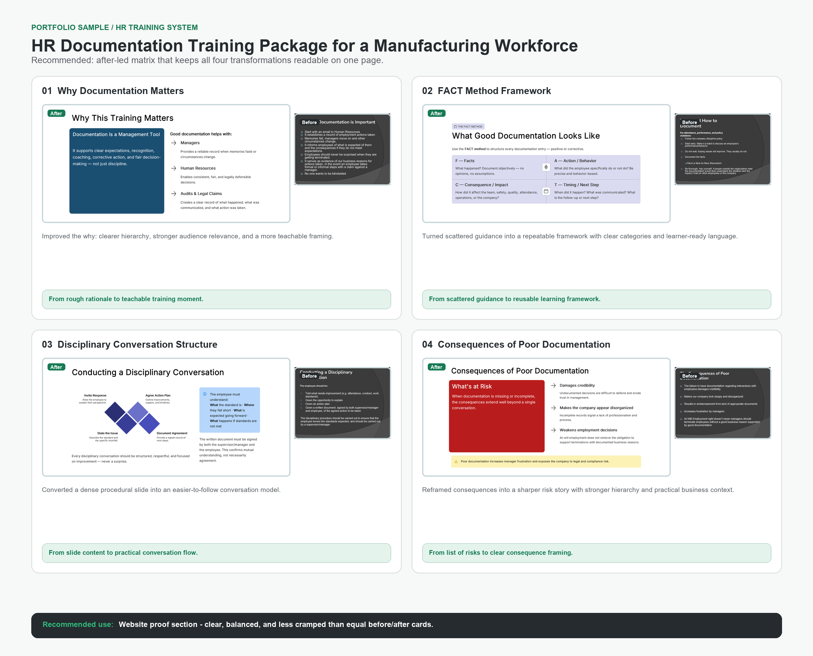 Four before and after proof points showing rough HR documentation training slides transformed into clearer training system slides.